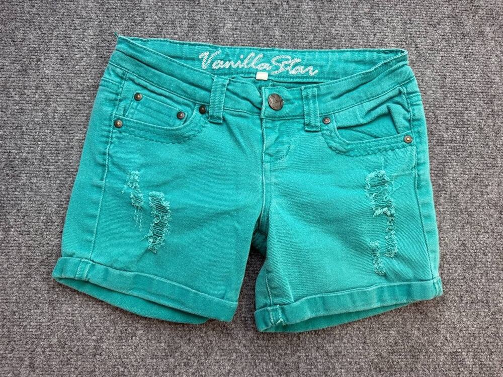 Vanilla Star Womens Size 1 Teal Denim Shorts Distressed Cuffed Stretch